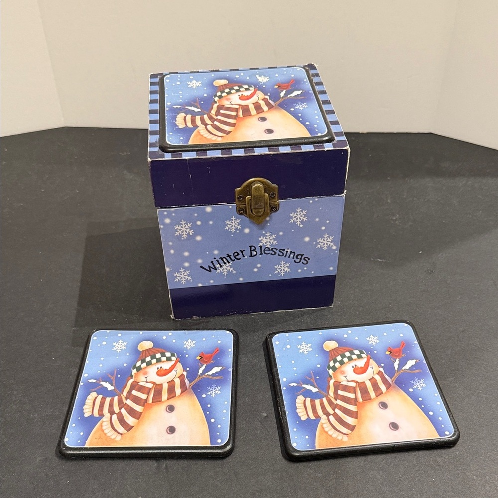 Snowman Christmas drink Coasters Set of 6 w/ Matching Wood Box w/ Latch
